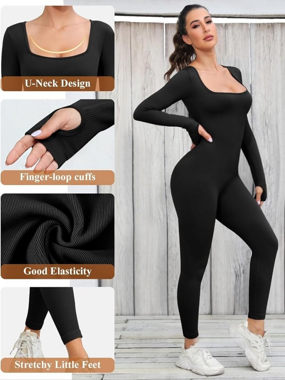 Black U-Neck Long-Sleeve Jumpsuit